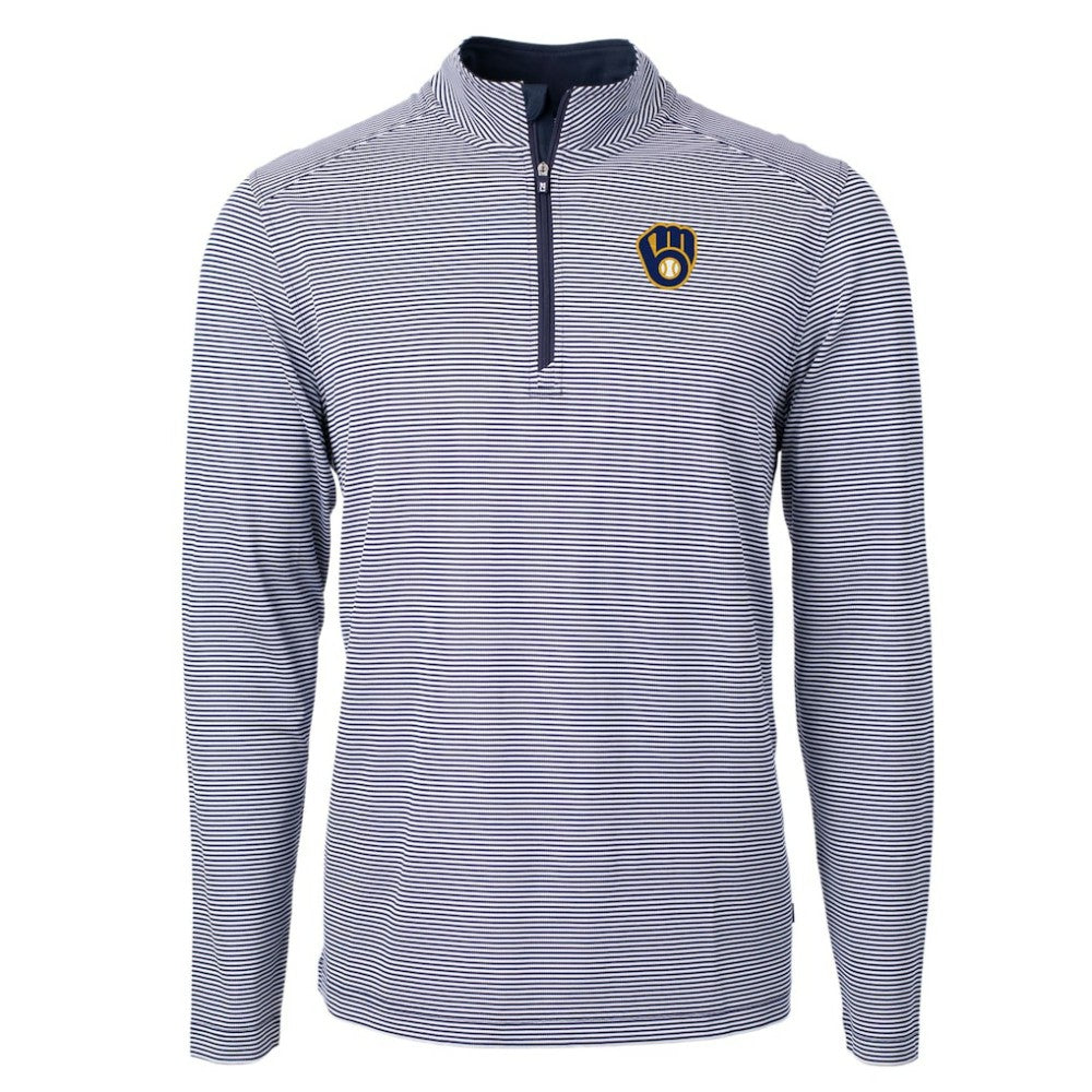 Milwaukee Brewers Cutter & Buck Virtue Eco Pique Micro Stripe Recycled Quarter-Zip Pullover Top - MLB Pullover