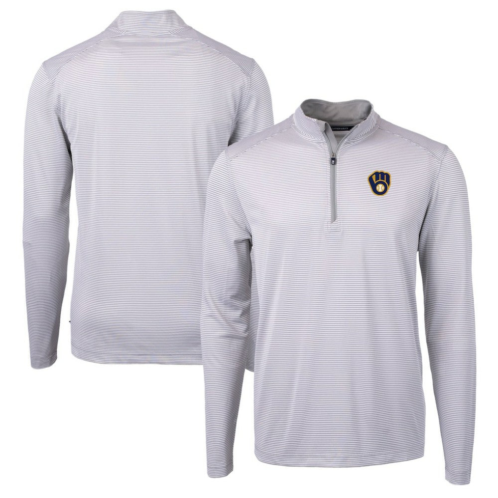Milwaukee Brewers Cutter & Buck Virtue Eco Pique Micro Stripe Recycled Quarter-Zip Pullover Top - MLB Pullover