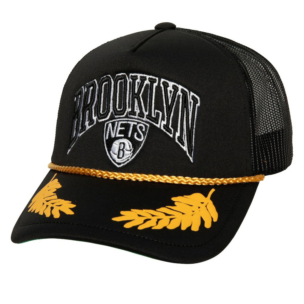Black Brooklyn Nets Hardwood Classics Gold Leaf Mesh Trucker Snapback Hat | NBA