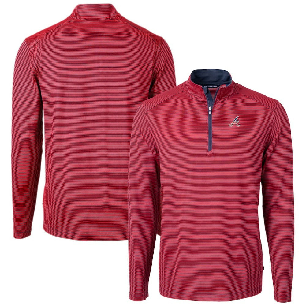 Atlanta Braves Cutter & Buck Americana Logo Virtue Eco Pique Stripe Recycled Quarter-Zip Pullover Top - MLB Pullover