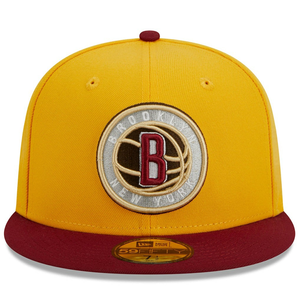 Yellow/Red Brooklyn Nets Fall Leaves 2-Tone 59FIFTY Fitted Hat | NBA