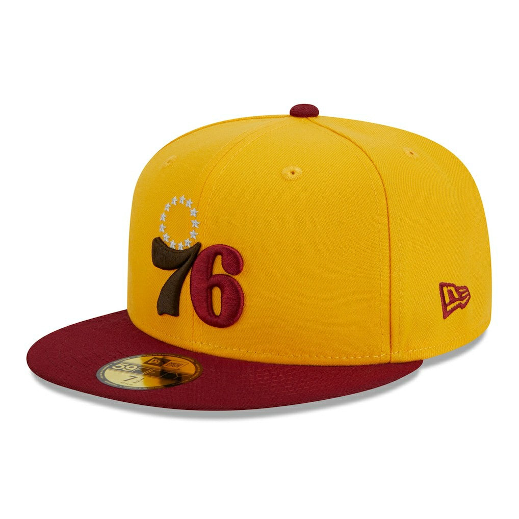 Yellow/Red Philadelphia 76ers Fall Leaves 2-Tone 59FIFTY Fitted Hat | NBA