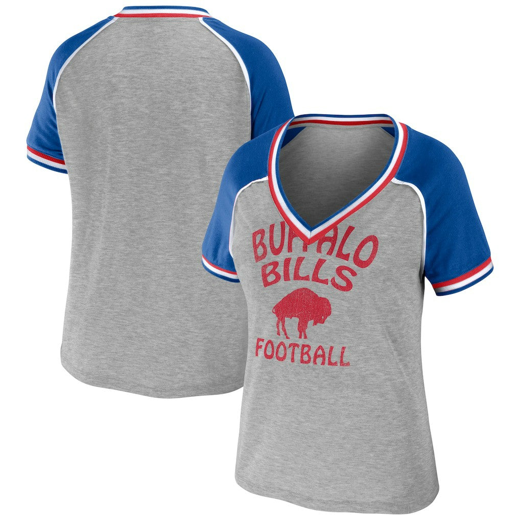 Buffalo Bills WEAR by Erin Andrews Women's Cropped Raglan Throwback V-Neck T-Shirt | NFL Discount