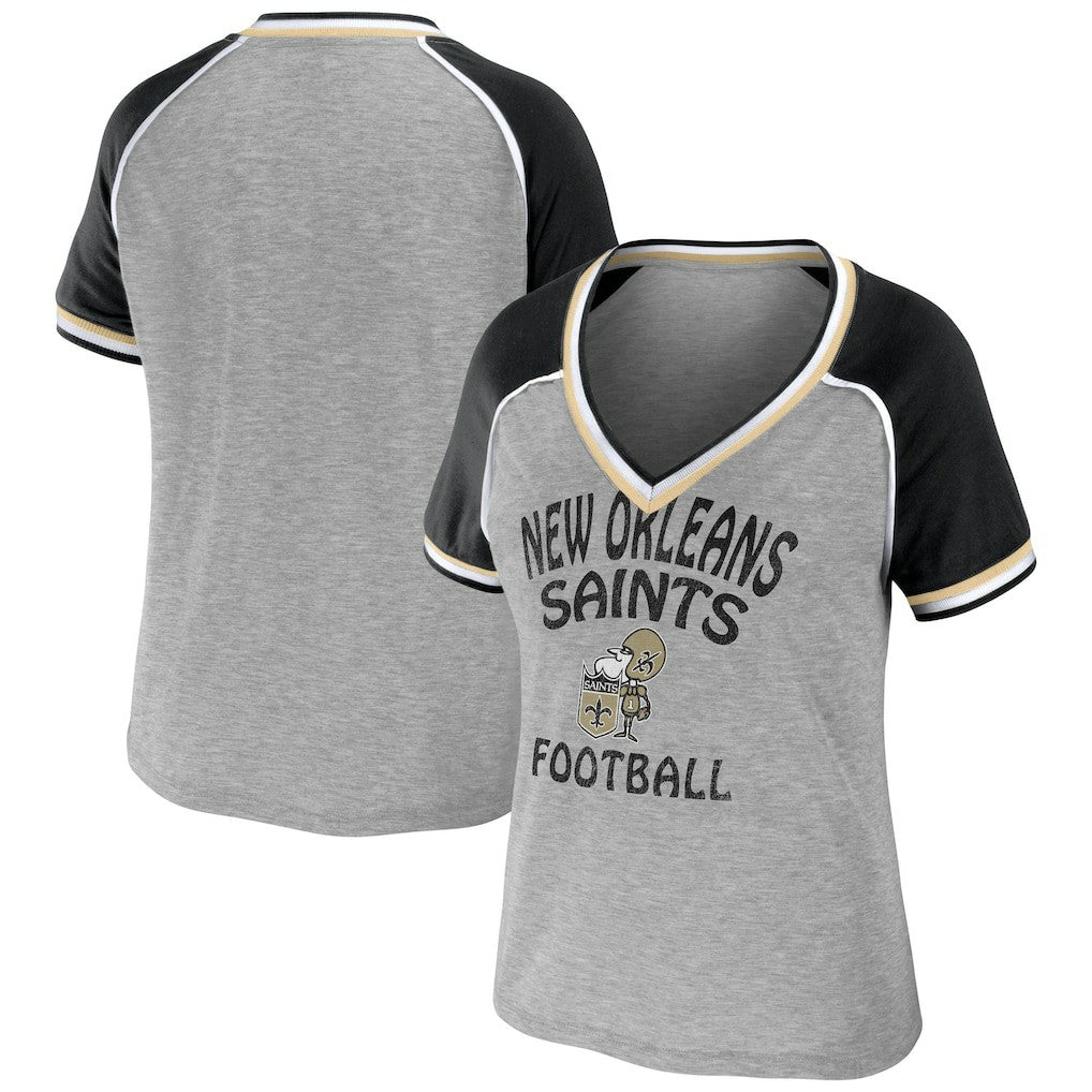 New Orleans Saints WEAR by Erin Andrews Women's Cropped Raglan Throwback V-Neck T-Shirt | NFL Sale
