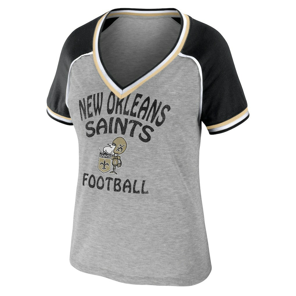 New Orleans Saints WEAR by Erin Andrews Women's Cropped Raglan Throwback V-Neck T-Shirt | NFL Sale