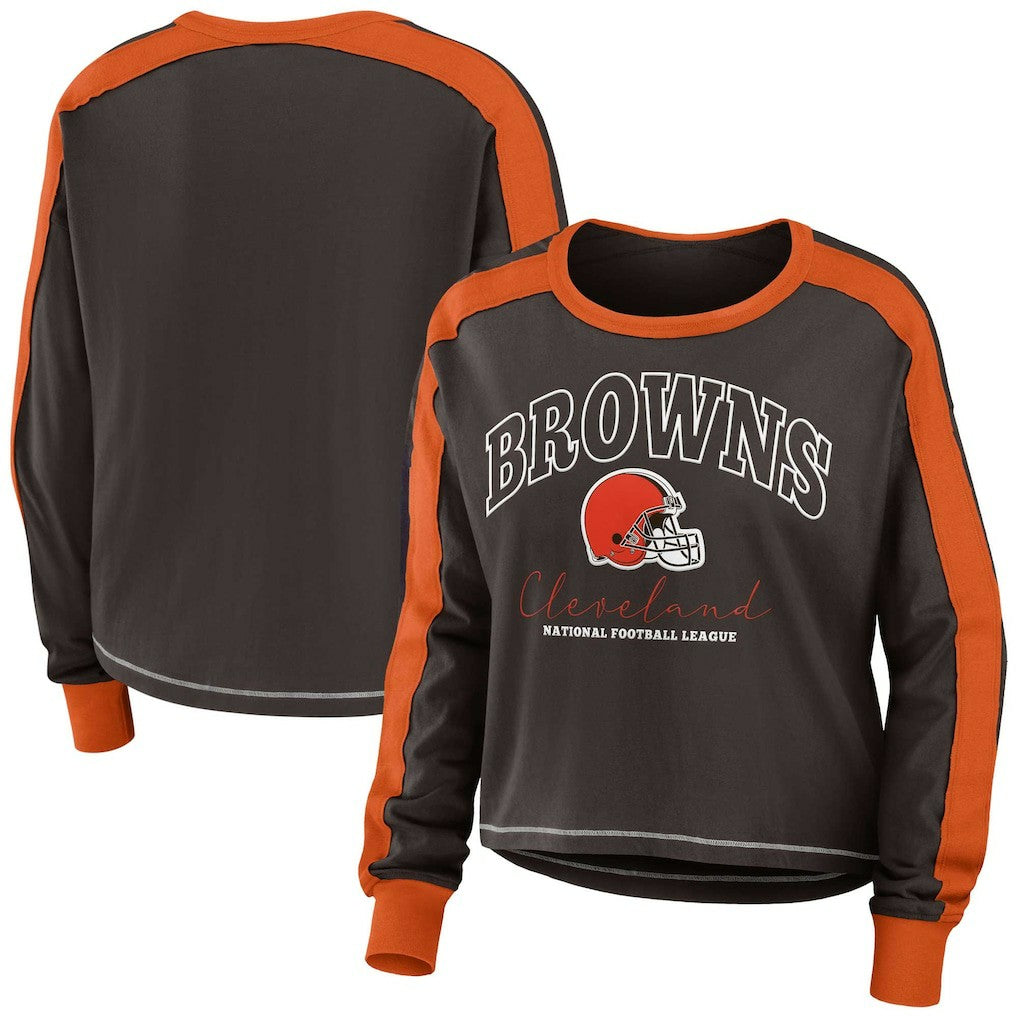 Cleveland Browns WEAR by Erin Andrews Women's Color Block Modest Crop Long Sleeve T-Shirt | NFL Outlet