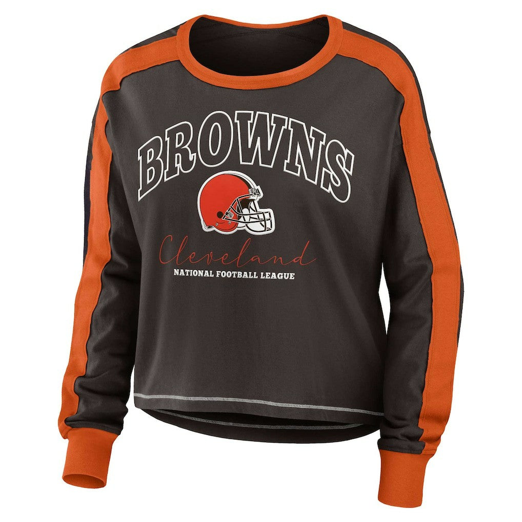 Cleveland Browns WEAR by Erin Andrews Women's Color Block Modest Crop Long Sleeve T-Shirt | NFL Outlet