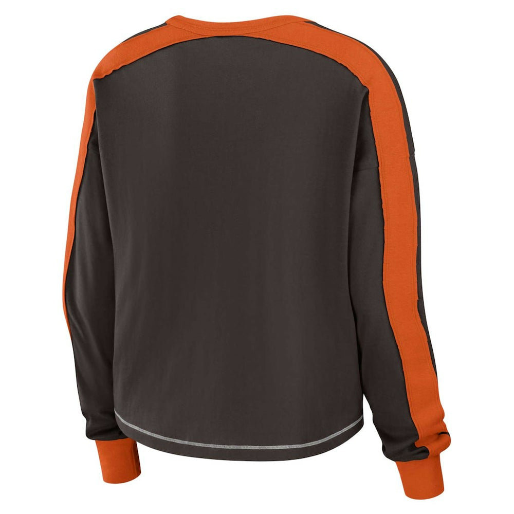Cleveland Browns WEAR by Erin Andrews Women's Color Block Modest Crop Long Sleeve T-Shirt | NFL Outlet