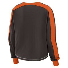 Cleveland Browns WEAR by Erin Andrews Women's Color Block Modest Crop Long Sleeve T-Shirt | NFL Outlet