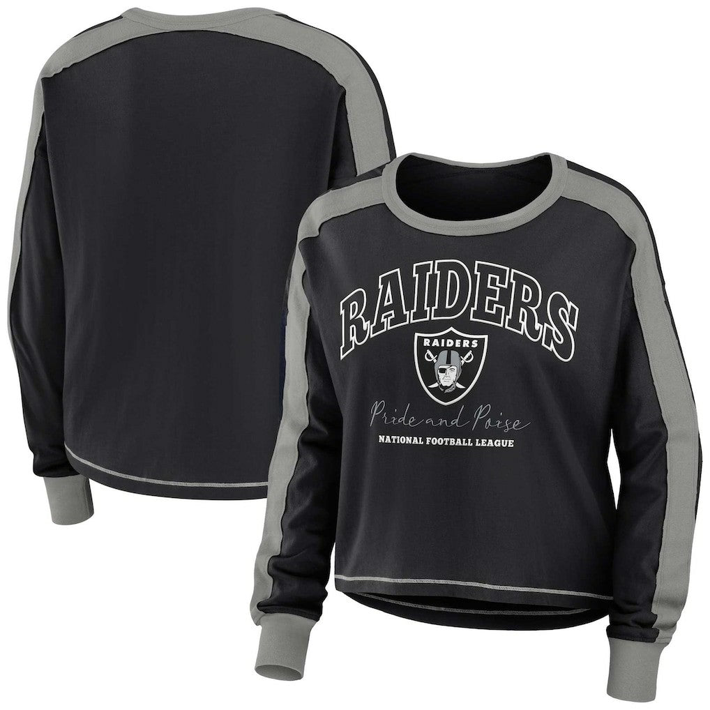 Las Vegas Raiders WEAR by Erin Andrews Women's Color Block Modest Crop Long Sleeve T-Shirt | NFL Sale