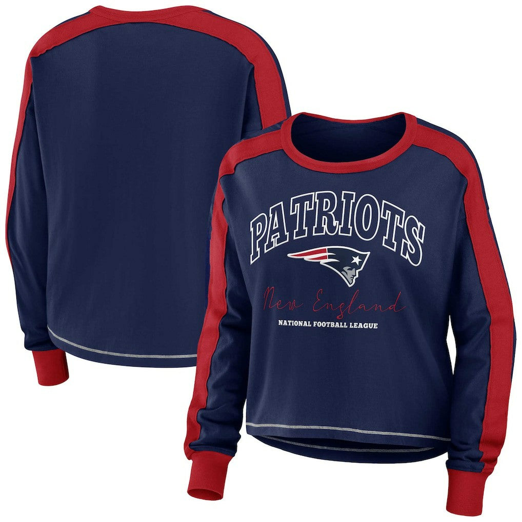 New England Patriots WEAR by Erin Andrews Women's Color Block Modest Crop Long Sleeve T-Shirt | NFL Sale