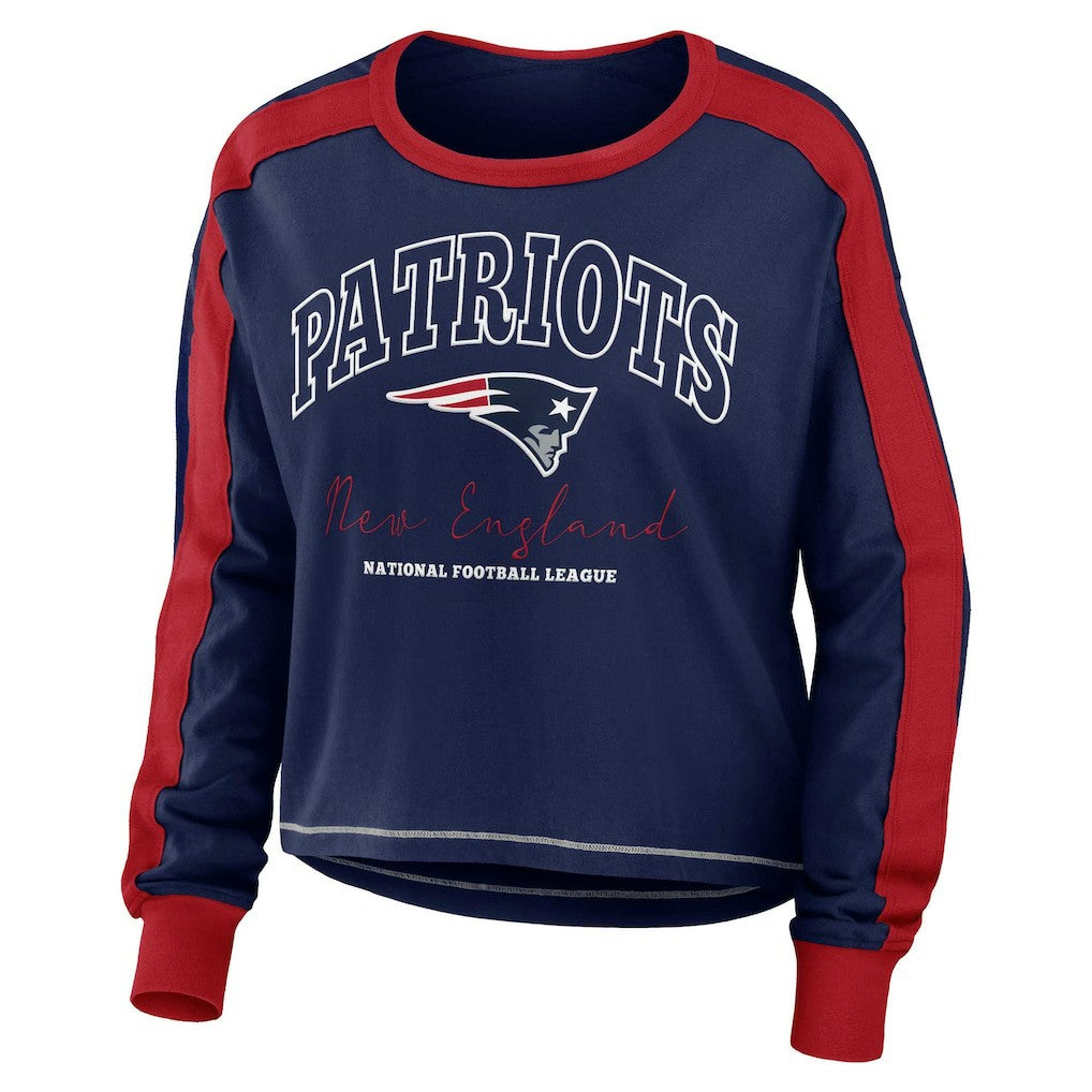 New England Patriots WEAR by Erin Andrews Women's Color Block Modest Crop Long Sleeve T-Shirt | NFL Sale