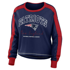 New England Patriots WEAR by Erin Andrews Women's Color Block Modest Crop Long Sleeve T-Shirt | NFL Sale