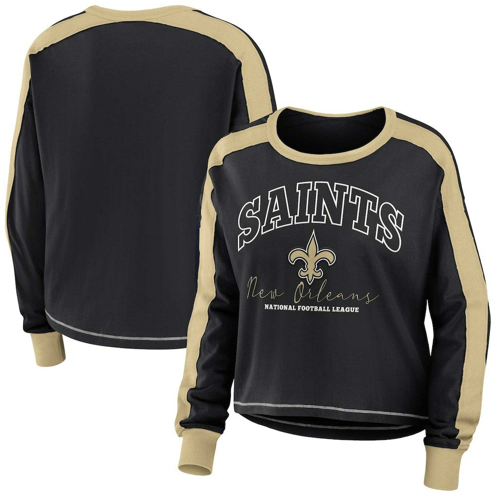 New Orleans Saints WEAR by Erin Andrews Women's Color Block Modest Crop Long Sleeve T-Shirt | NFL Discount