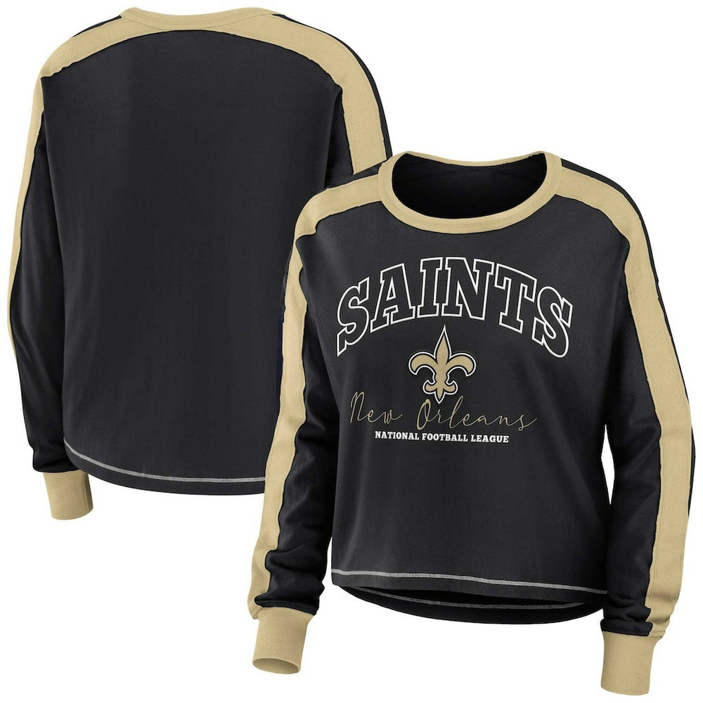 New Orleans Saints WEAR by Erin Andrews Women's Color Block Modest Crop Long Sleeve T-Shirt | NFL Discount