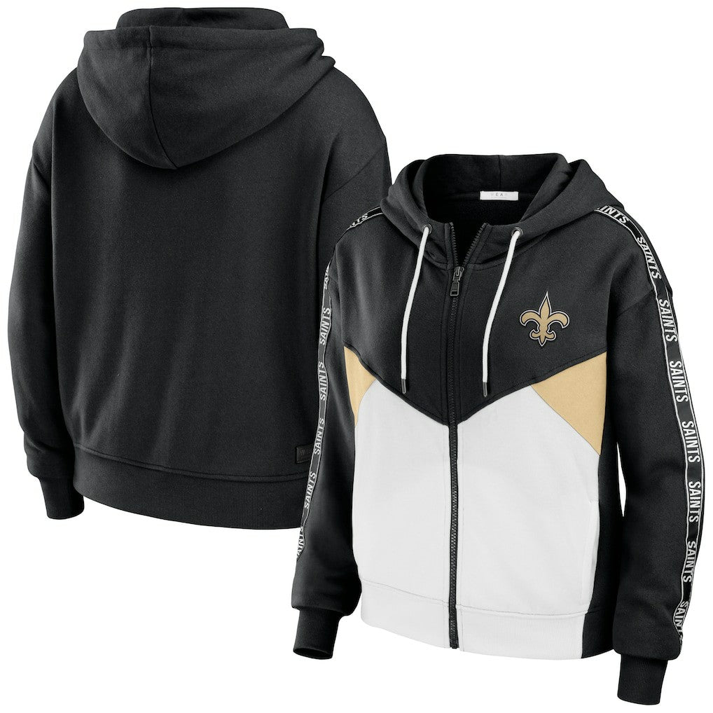 New Orleans Saints WEAR by Erin Andrews Women's Color Block Light Weight Modest Crop Full-Zip Hoodie | NFL Near me