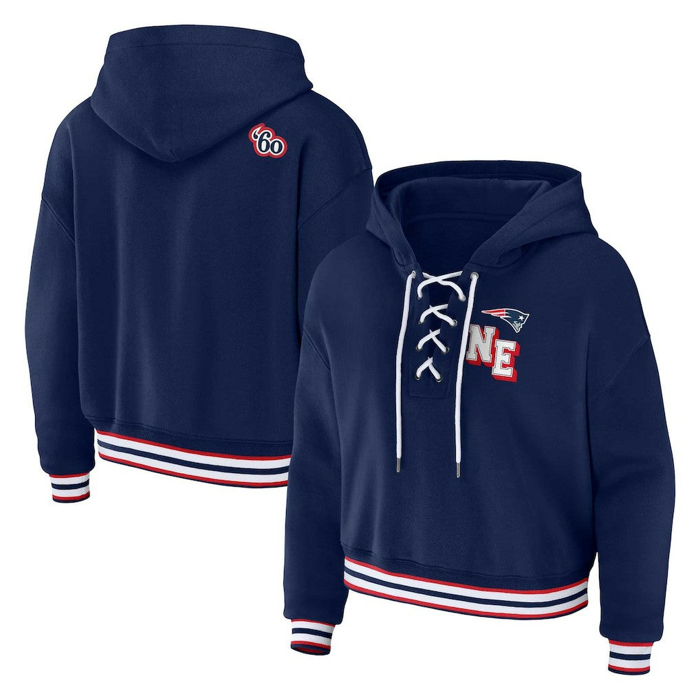 New England Patriots WEAR by Erin Andrews Women's Plus Size Lace-Up Pullover Hoodie | NFL Outlet