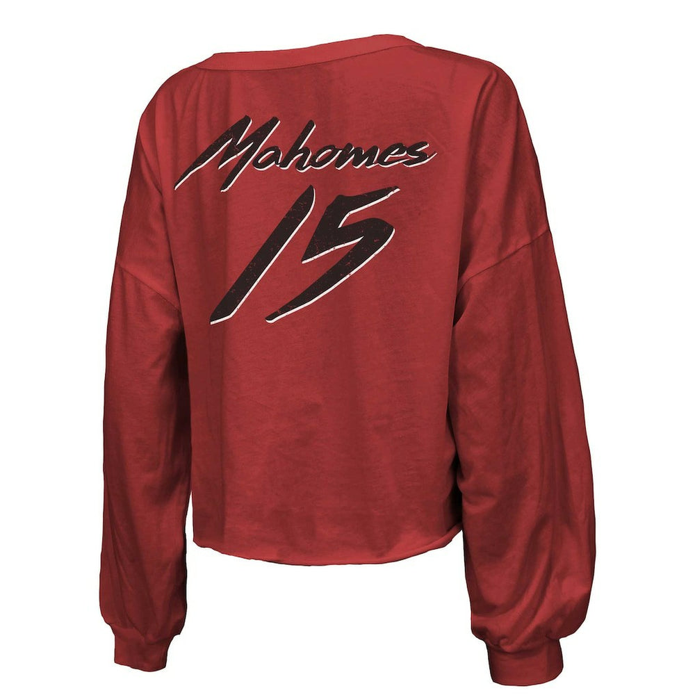 Kansas City Chiefs Patrick Mahomes  Majestic Threads Women's Name & Number Off-Shoulder Script Cropped Long Sleeve Relaxed V-Neck T-Shirt | NFL Discount