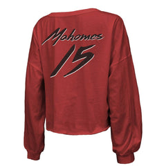 Kansas City Chiefs Patrick Mahomes  Majestic Threads Women's Name & Number Off-Shoulder Script Cropped Long Sleeve Relaxed V-Neck T-Shirt | NFL Discount