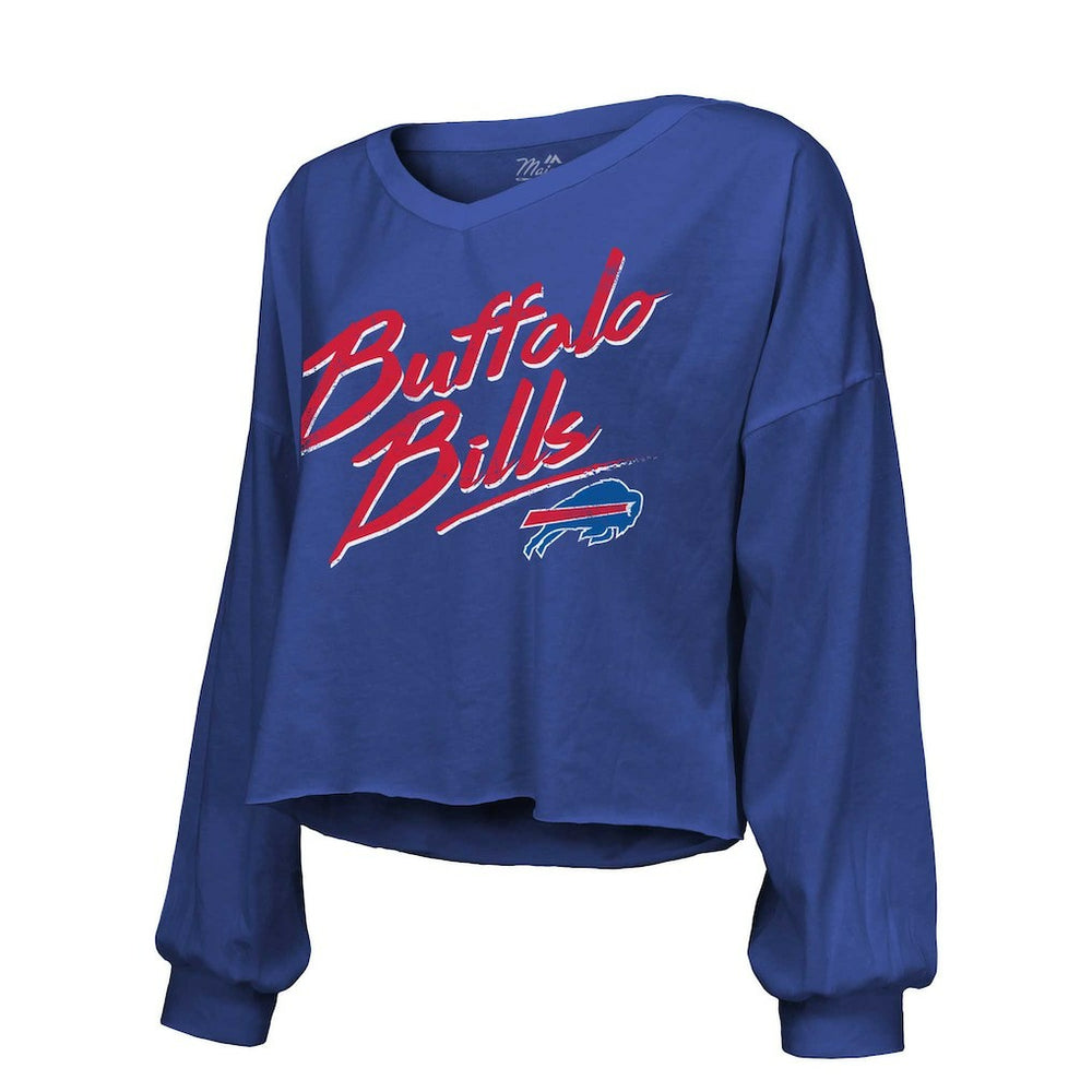 Buffalo Bills Josh Allen  Majestic Threads Women's Name & Number Off-Shoulder Script Cropped Long Sleeve Relaxed V-Neck T-Shirt | NFL Outlet