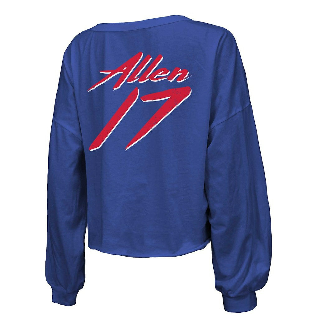 Buffalo Bills Josh Allen  Majestic Threads Women's Name & Number Off-Shoulder Script Cropped Long Sleeve Relaxed V-Neck T-Shirt | NFL Outlet