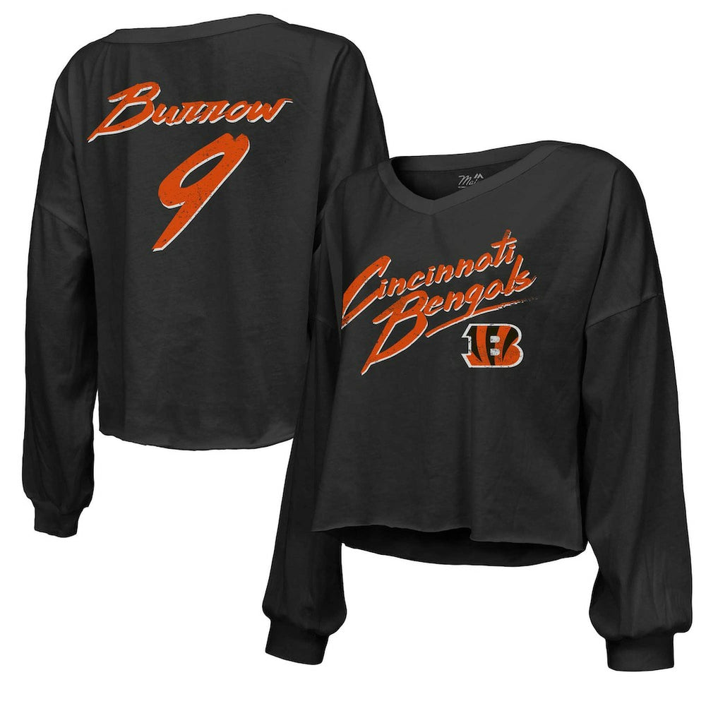 Cincinnati Bengals Joe Burrow  Majestic Threads Women's Name & Number Off-Shoulder Script Cropped Long Sleeve Relaxed V-Neck T-Shirt | NFL New