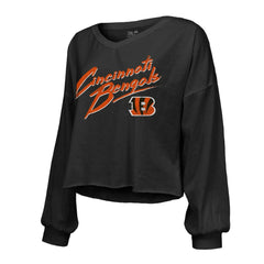 Cincinnati Bengals Joe Burrow  Majestic Threads Women's Name & Number Off-Shoulder Script Cropped Long Sleeve Relaxed V-Neck T-Shirt | NFL New