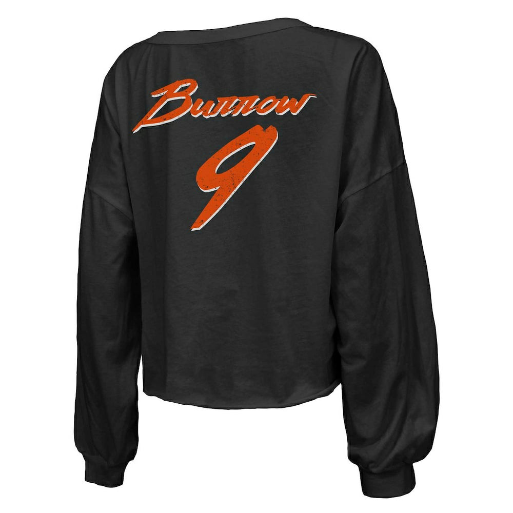 Cincinnati Bengals Joe Burrow  Majestic Threads Women's Name & Number Off-Shoulder Script Cropped Long Sleeve Relaxed V-Neck T-Shirt | NFL New