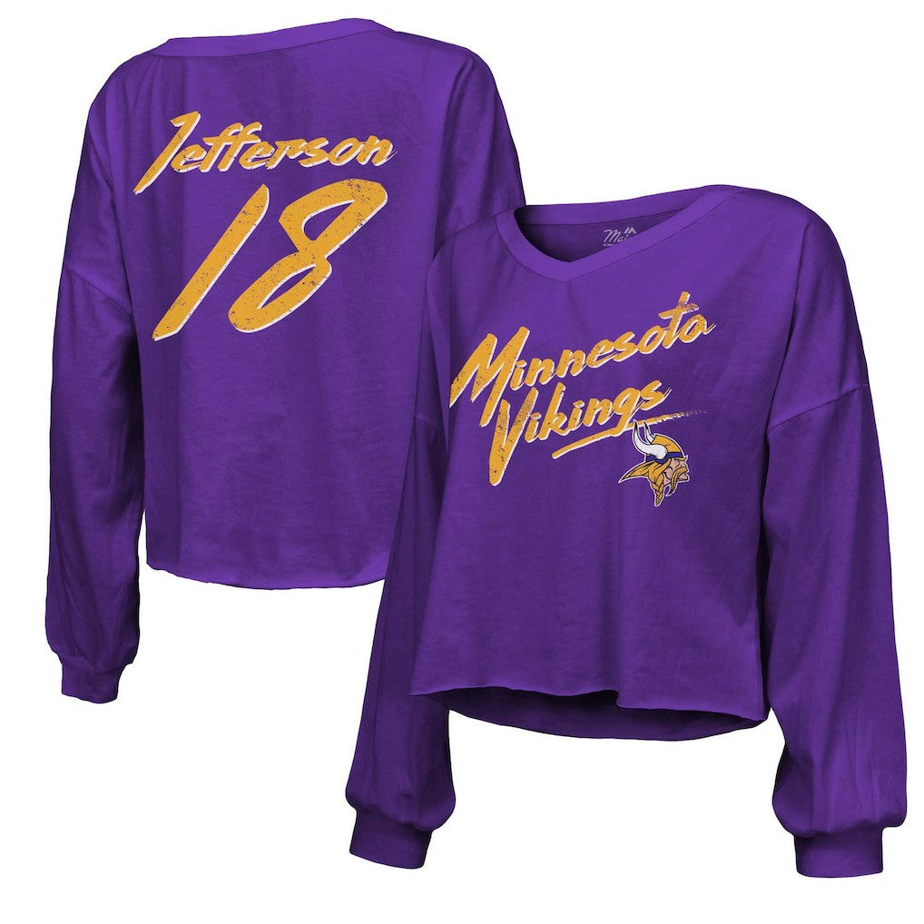 Minnesota Vikings Justin Jefferson  Majestic Threads Women's Name & Number Off-Shoulder Script Cropped Long Sleeve V-Neck T-Shirt | NFL Hot
