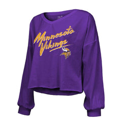 Minnesota Vikings Justin Jefferson  Majestic Threads Women's Name & Number Off-Shoulder Script Cropped Long Sleeve V-Neck T-Shirt | NFL Hot