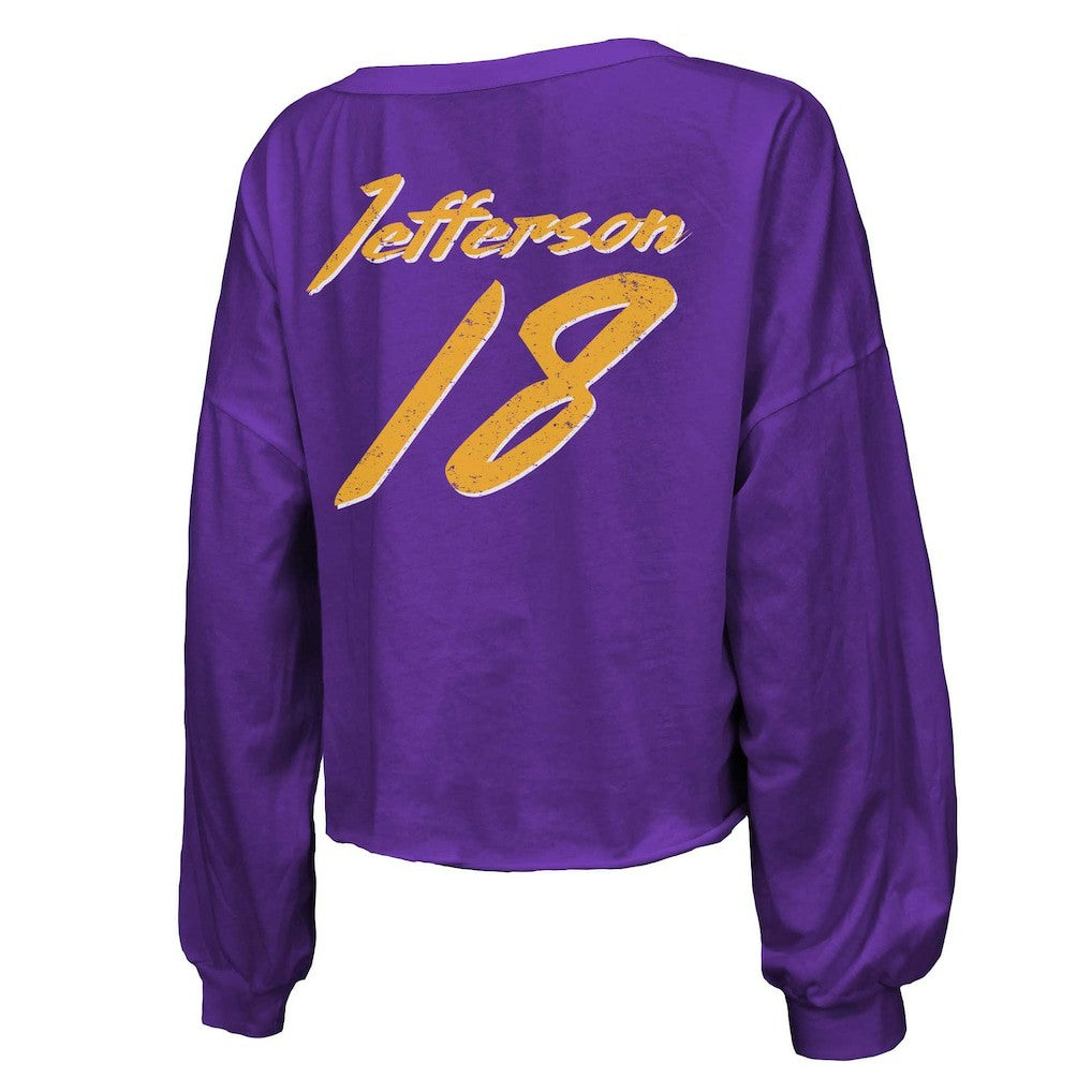 Minnesota Vikings Justin Jefferson  Majestic Threads Women's Name & Number Off-Shoulder Script Cropped Long Sleeve V-Neck T-Shirt | NFL Hot