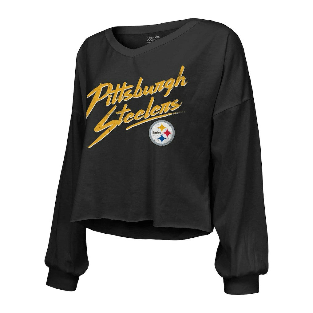 Pittsburgh Steelers T.J. Watt  Majestic Threads Women's Name & Number Off-Shoulder Script Cropped Long Sleeve Relaxed V-Neck T-Shirt | NFL Hot