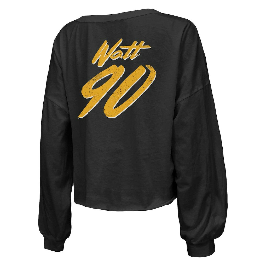 Pittsburgh Steelers T.J. Watt  Majestic Threads Women's Name & Number Off-Shoulder Script Cropped Long Sleeve Relaxed V-Neck T-Shirt | NFL Hot