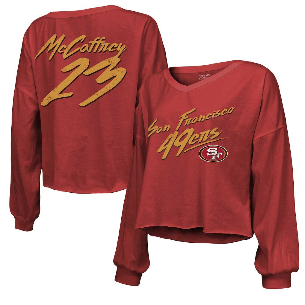 San Francisco 49ers Christian McCaffrey  Majestic Threads Women's Name & Number Off-Shoulder Script Cropped Long Sleeve V-Neck T-Shirt | NFL Near me