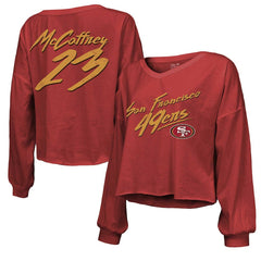 San Francisco 49ers Christian McCaffrey  Majestic Threads Women's Name & Number Off-Shoulder Script Cropped Long Sleeve V-Neck T-Shirt | NFL Near me