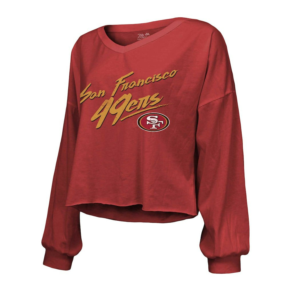 San Francisco 49ers Christian McCaffrey  Majestic Threads Women's Name & Number Off-Shoulder Script Cropped Long Sleeve V-Neck T-Shirt | NFL Near me