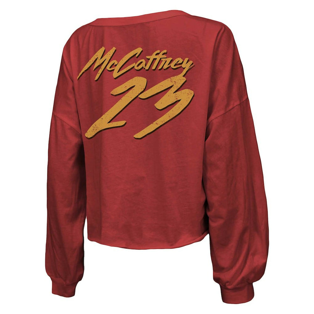 San Francisco 49ers Christian McCaffrey  Majestic Threads Women's Name & Number Off-Shoulder Script Cropped Long Sleeve V-Neck T-Shirt | NFL Near me