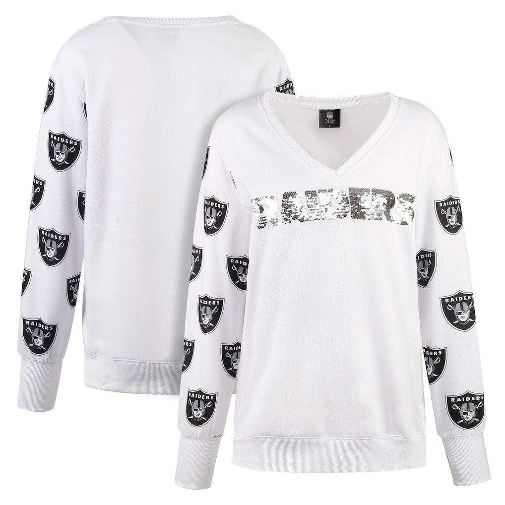 Las Vegas Raiders Cuce Women's Sequin Fleece V-Neck T-Shirt | NFL Discount
