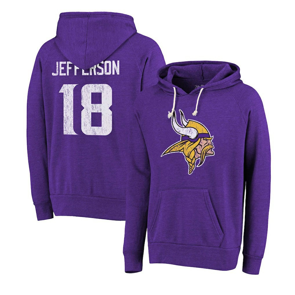 Minnesota Vikings Justin Jefferson  Majestic Threads Name & Number Tri-Blend Pullover Hoodie | NFL Outlet