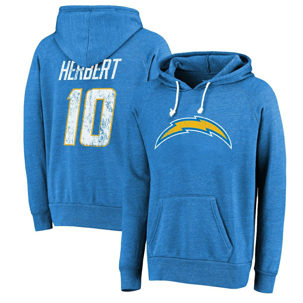 Los Angeles Chargers Justin Herbert  Majestic Threads Name & Number Tri-Blend Pullover Hoodie | NFL Outlet