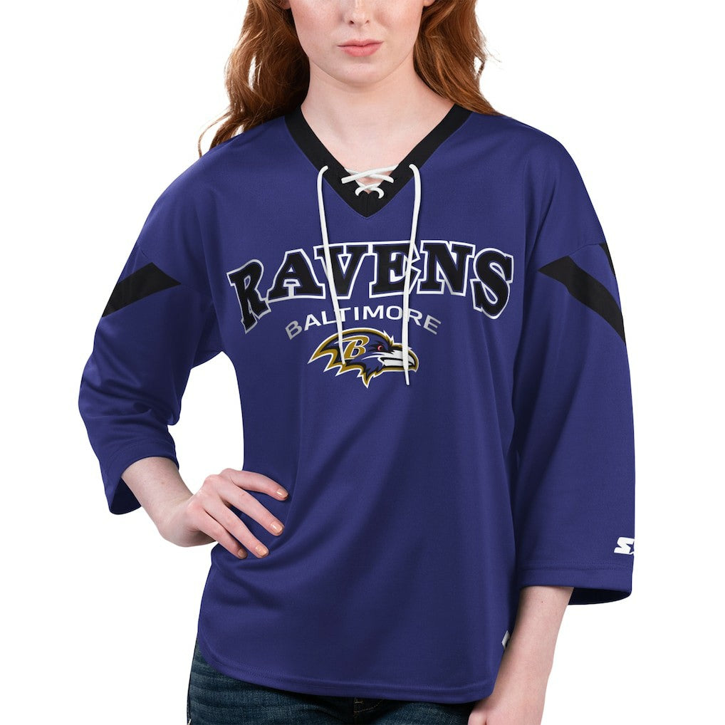Baltimore Ravens Starter Women's Rally Lace-Up 3/4 Sleeve T-Shirt | NFL New
