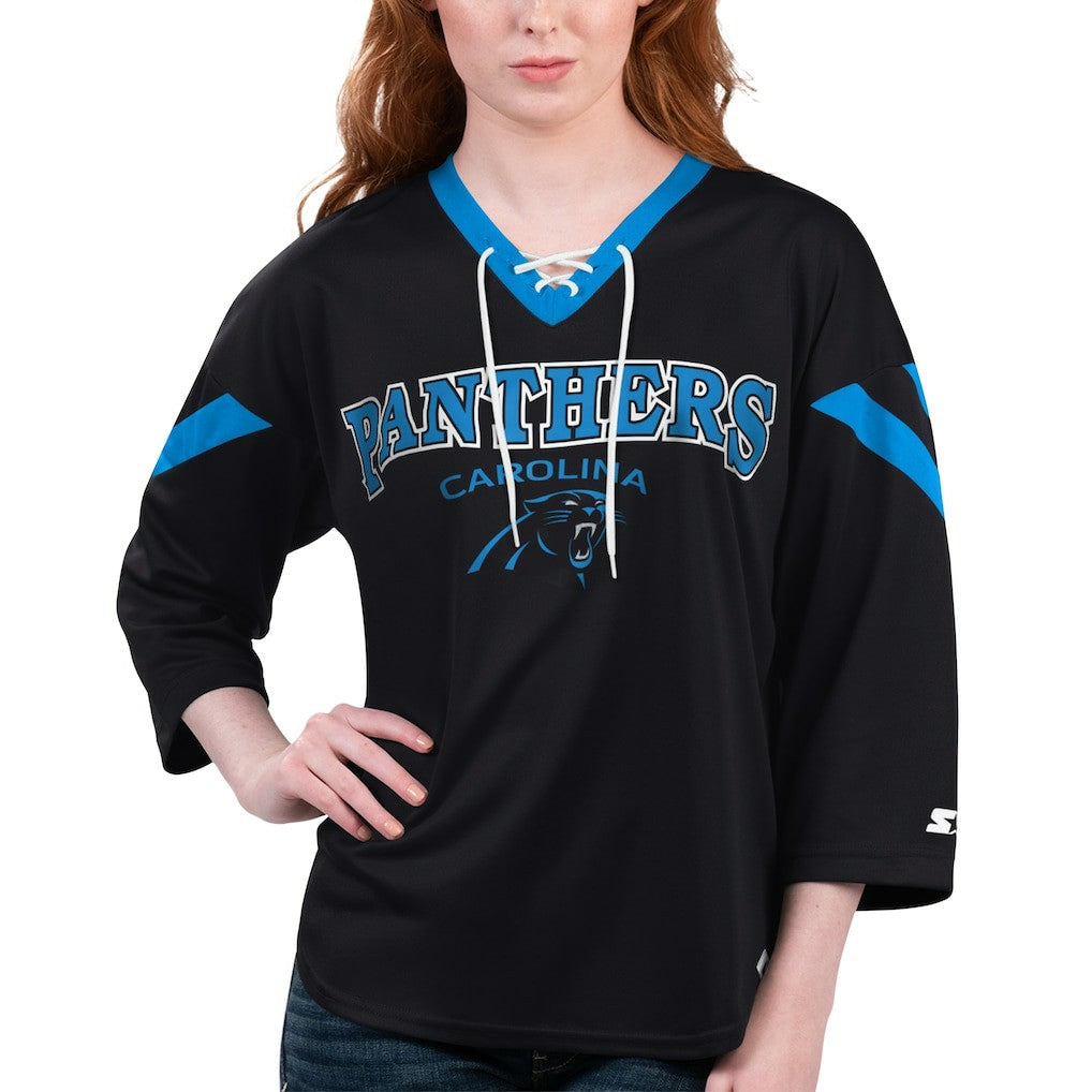 Carolina Panthers Starter Women's Rally Lace-Up 3/4 Sleeve T-Shirt | NFL Discount