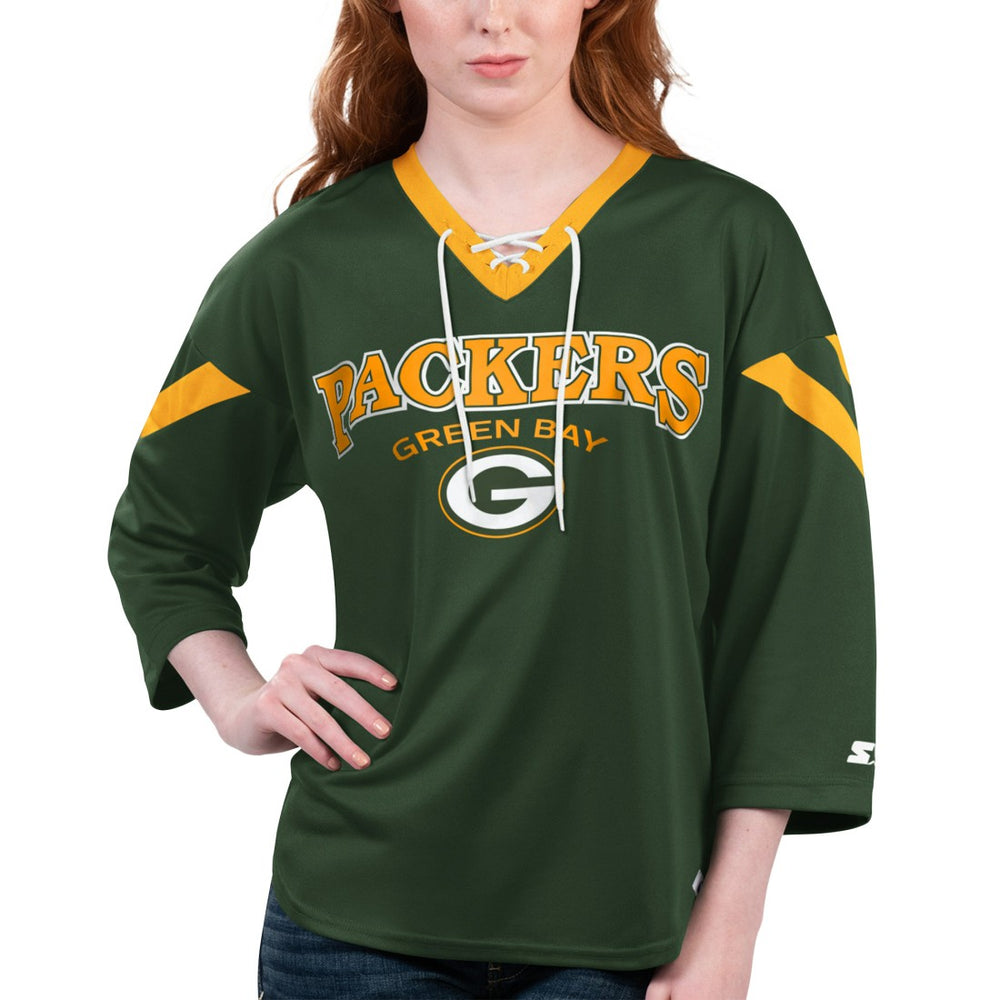 Green Bay Packers Starter Women's Rally Lace-Up 3/4 Sleeve T-Shirt | NFL On sale