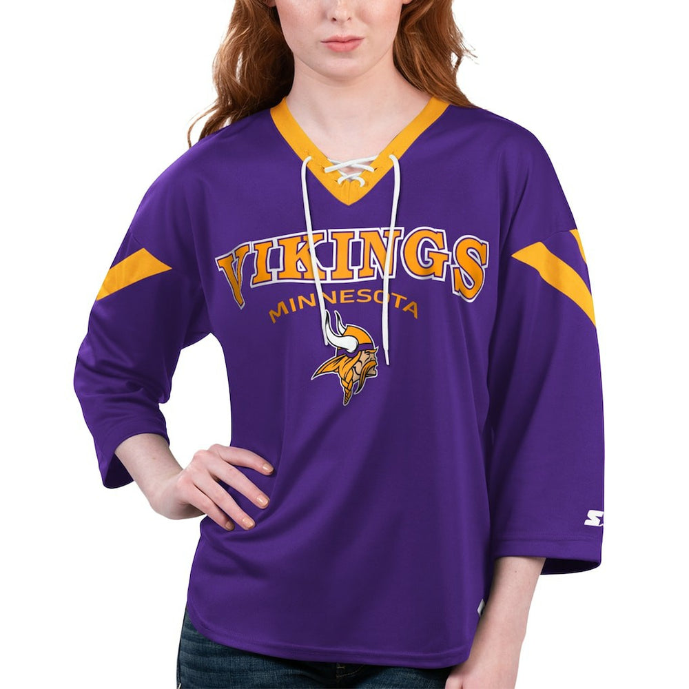 Minnesota Vikings Starter Women's Rally Lace-Up 3/4 Sleeve T-Shirt | NFL Outlet