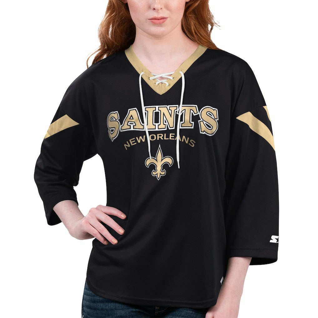New Orleans Saints Starter Women's Rally Lace-Up 3/4 Sleeve T-Shirt | NFL Discount