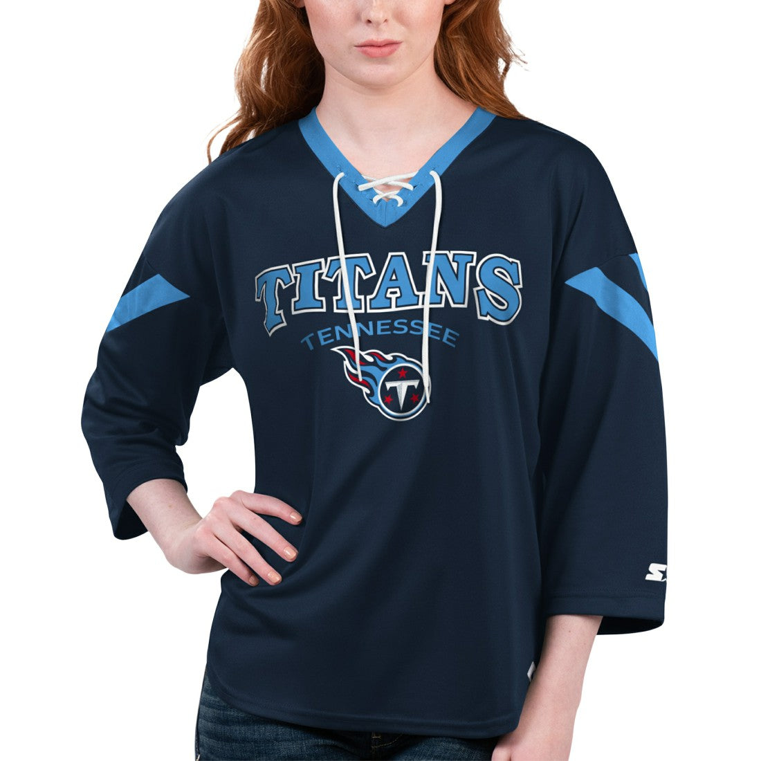 Tennessee Titans Starter Women's Rally Lace-Up 3/4 Sleeve T-Shirt | NFL New