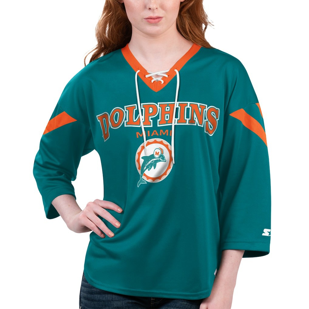 Miami Dolphins Starter Women's Rally Lace-Up 3/4 Sleeve T-Shirt | NFL Near me