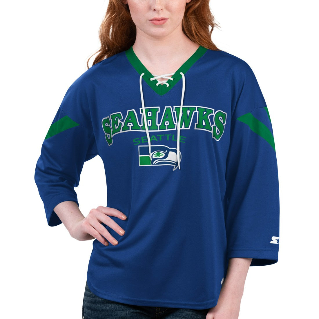 Seattle Seahawks Starter Women's Rally Lace-Up 3/4 Sleeve T-Shirt | NFL Sale