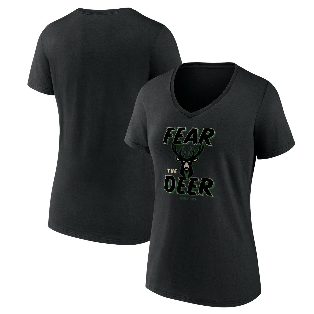 Black Milwaukee Bucks Women's Hometown Collection Fear The Deer V-Neck T-Shirt | NBA