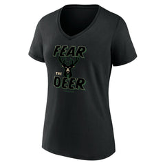 Black Milwaukee Bucks Women's Hometown Collection Fear The Deer V-Neck T-Shirt | NBA